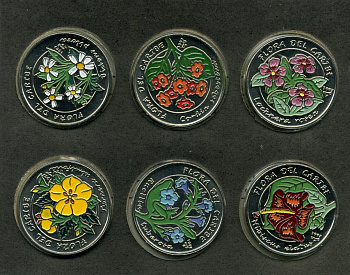 Куба набор из 6 монет по 1 песо 1997 карибская флора, эмаль, в оригинальном буклете KM 619,620,621,737,738,722 медно-никель UNC 7-4-2-41