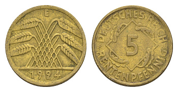 Германия 5 рентенпфеннигов 1924 E KM 32, J. 308 алюминиевая бронза 4644-1131