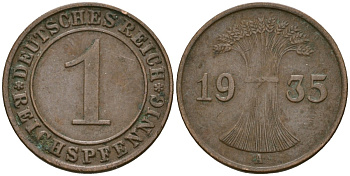 Германия 1 рейхспфенниг 1935 A KM 37, J. 313 бронза 4189-1265