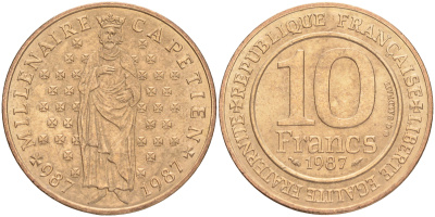 Франция 10 франков 1987 1000 лет первому королю Франции Гуго Капету KM 961 d, Le Franc 371.2 никелированная бронза UNC 189-312