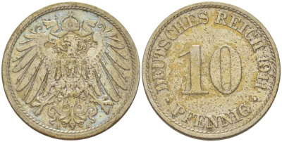 ГЕРМАНИЯ 10 ПФЕННИГОВ 1911 A KM 12, J. 13, Weege 8 медно-никель 212-147