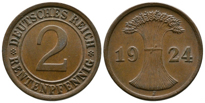 ГЕРМАНИЯ 2 РЕНТЕНПФЕННИГА 1924 J KM 31, J.307 бронза 93-635