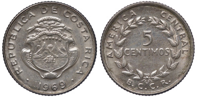 Коста-Рика 5 сентимо 1969 KM 184.2 медно-никель UNC M53-21