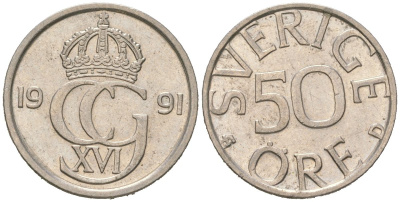 Швеция 50 эре 1991 Карл XVI Густав (1973- ) KM 855 медно-никель UNC 4618-251
