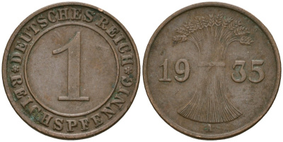 Германия 1 рейхспфенниг 1935 A KM 37, J. 313 бронза 4189-1265