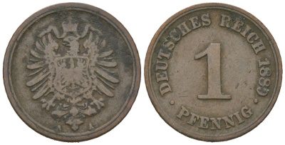 Германия 1 пфенниг 1889 A, Вильгельм II (1888-1918) KM 1, J. 1, Weege 1 медь 4615-213
