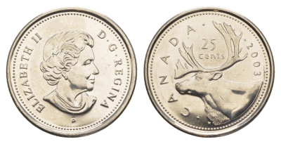Канада 25 центов 2003 P, Елизавета II (1952-2022), олень KM 493 сталь плакированная никелем BU 4637-835