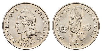 Новые Гебриды 10 франков 1975 KM 2.2 медно-никель UNC 181-635