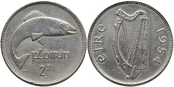 ИРЛАНДИЯ 1 ФЛОРИН - 2 ШИЛЛИНГА 1954 ЛОСОСЬ KM 15а медно-никель 89-1537