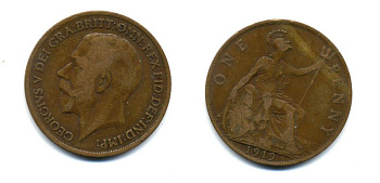 Великобритания 1 пенни 1919 Георг V (1910-1936) КМ 810, Spink 4051 бронза 47-242
