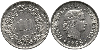 Швейцария 10 раппенов 1965 В KM 27 медно-никель 4539-457
