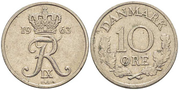 ДАНИЯ 10 ЭРЕ 1963 C; S, ФРЕДЕРИК IX (1947-1972) KM 849.1 медно-никель 4387-869