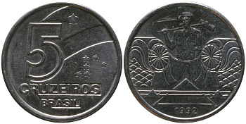 Бразилия 5 крузейро 1992 KM 618.2, Schon 127a нержавеющая сталь 4519-554