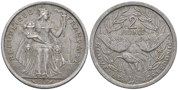 Французская Новая Каледония 2 франка 1977 птица кагу, (IEOM) KM 14, Schoen 11, Lec 58 алюминий    27-442