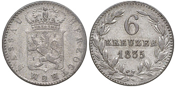 Нассау 6 крейцеров 1835 Вильгельм I (1816-1839) KM 53 серебро    188-455