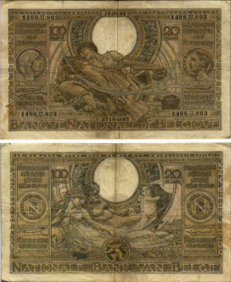 БЕЛЬГИЯ 100 ФРАНКОВ = 20 БЕЛГА 1934 18 АВГУСТА 1934, АЛЬБЕРТ И ЕЛИЗАВЕТА Pick 107 бумага 7214-45-1