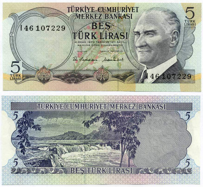 ТУРЦИЯ 5 ЛИР 1976 ПРЕЗИДЕНТ КЕМАЛЬ АТАТЮРК, МАНАВГАТ ВОДОПАД В АНТАЛИИ Pick 185 бумага UNC (ПРЕСС) 8592-14-1-1