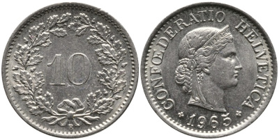 Швейцария 10 раппенов 1965 В KM 27 медно-никель 4539-457