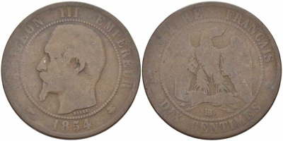 ФРАНЦИЯ 10 САНТИМОВ 1854 BB, НАПОЛЕОН III (1852-1870), INCLUS KM 771.3, LE FRANC 133.13 бронза 38-1022