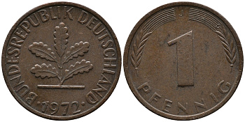 ФРГ 1 пфенниг 1972 J KM 105, J.380 сталь плакированная медью 99-322