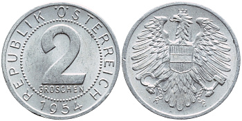 АВСТРИЯ 2 ГРОША 1954 KM 2876 алюминий 4396-1113