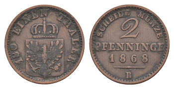Пруссия 2 пфеннига 1868 B, Вильгельм I (1861-1888) KM 481, Jaeger 51, AKS 107, Olding 425 медь 4651-243