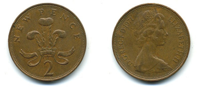 Великобритания 2 пенса 1971 Елизавета II (1952-2022) КМ 916, Spink 4235 (C1) бронза 4110-534