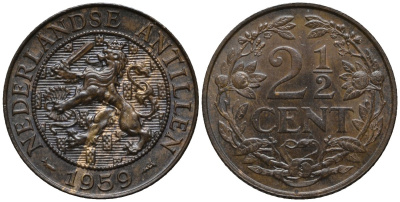 Нидерландские Антилы 2 1/2 цента 1959 Юлиана (1948-1980) KM 5 бронза 4579-855