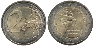 Португалия 2 евро 2015 500 лет первому контакту с Тимором, парусник KM 849 биметалл 108-824