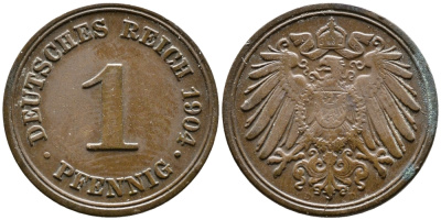 ГЕРМАНИЯ 1 ПФЕННИГ 1904 D KM 10, J. 10 медь 4387-314