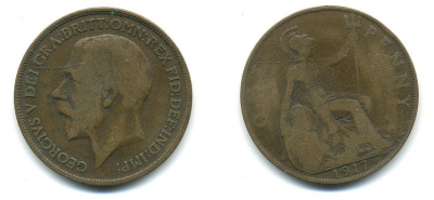 Великобритания 1 пенни 1917 Георг V (1910-1936) КМ 810, Spink 4051 бронза 4110-134