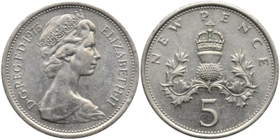 Великобритания 5 пенсов 1975 Елизавета II (1952-2022) KM 911, Spink 4233 (D1) медно-никель aUNC 4171-555