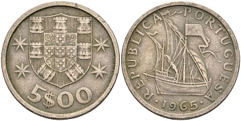 Португалия 5 эскудо 1965 парусник KM 591 медно-никель 4126-616