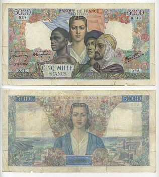 ФРАНЦИЯ 5000 ФРАНКОВ 1945 Pick 103c бумага 7552-2-1