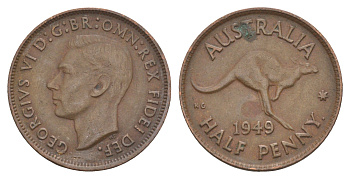 Австралия 1/2 пенни 1949 Георг VI (1936-1952), кенгуру KM 42 бронза 4652-141