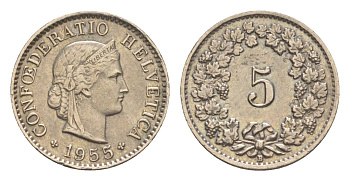 Швейцария 5 раппенов 1955 B KM 26 медно-никель 4611-735