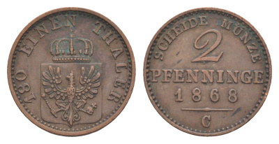 Пруссия 2 пфеннига 1868 C, Вильгельм I (1861-1888) KM 481, Jaeger 51, AKS 107, Olding 425 медь 4651-244