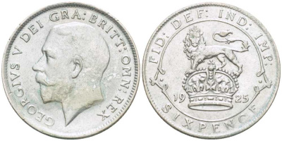 Великобритания 6 пенсов 1925 Георг V (1910-1936), широкий ободок KM 815a.1, Spink 4024 серебро 75-1138