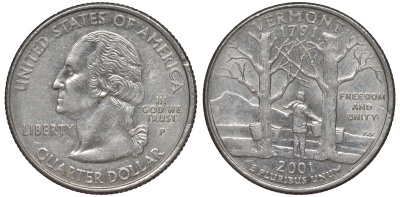 США 25 центов = квотер 2001 Р, серия штаты США, Вермонт KM 321 медь плакированная медно-никелем 4538-947