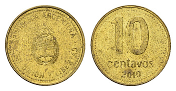 Аргентина 10 сентаво 2010 KM 107a сталь плакированная латунью aUNC 4702-532