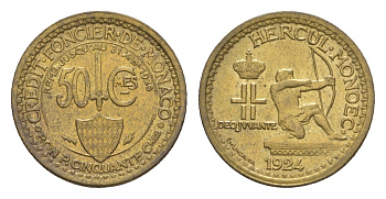 Монако 50 сантимов 1924 год-тип KM 110 алюминиевая бронза aUNC 1522-1423