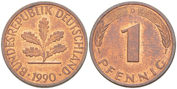 ФРГ 1 ПФЕННИГ 1990 D KM 105, J. 380 сталь плакированная медью 4181-712