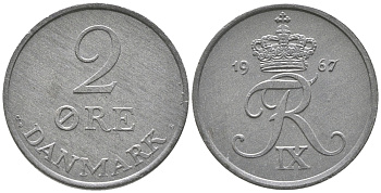 ДАНИЯ 2 ЭРЕ 1967 C; S, ФРЕДЕРИК IX (1947-1972) KM 840.2 цинк UNC 34-514