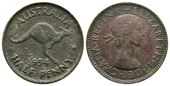 Австралия 1/2 пенни 1954 p, Елизавета II (1952-2022), кенгуру KM 49 бронза 89-1336