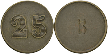 ФРАНЦИЯ 25 САНТИМОВ ND ПЛАТЕЖНЫЙ ЖЕТОН НАЧАЛА XX ВЕКА, НА РЕВЕРСЕ НАДЧЕКАНКА БУКВЫ В, ДИАМЕТР 24,5 ММ. латунь 98-921