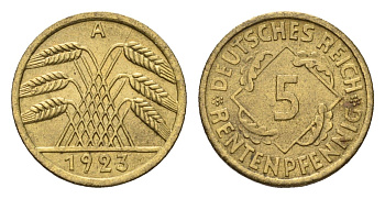 Германия 5 рентенпфеннигов 1923 A KM 32, J. 308 алюминиевая бронза UNC 4127-2034
