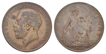Великобритания 1 пенни 1918 KN, Георг V (1910-1936) KM 810, Spink 4053 бронза 4661-616