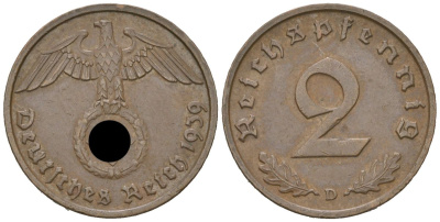Германия 2 рейхспфеннига 1939 D KM 90, J. 362 бронза 3955-1169
