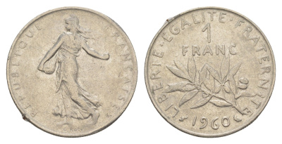 Франция 1 франк 1960 сеятель KM 925 никель 4539-1123