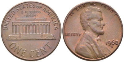 США 1 ЦЕНТ 1968 D, ЛИНКОЛЬН KM 201 медь цинк 105-1066